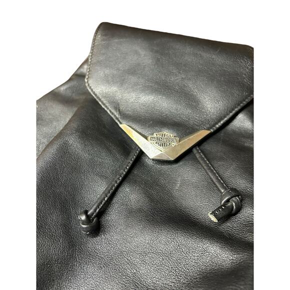 Vintage Harley-Davidson Black Leather Backpack Purse Drawstring Shoulder Bag - Picture 2 of 6